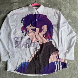 White Button-Up Shirt – Cyberpunk Anime Graphic – Unisex